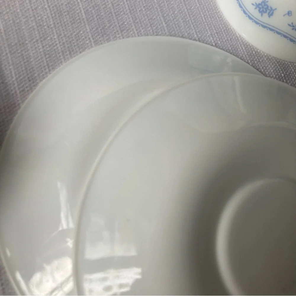 Pair of 'Morning Blue' Pyrex Cups and Corelle Saucers (see photos & description)